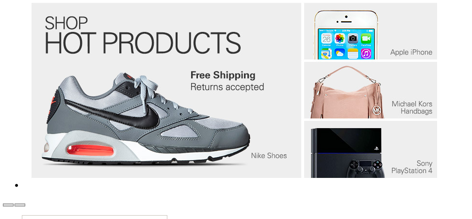 With style sheets disabled all the previous content has disappeared and there is an image of a running shoe and the text 'Shop Hot Products'. Visible is also an image of an iPhone, Michael Kors handbags and Sony Playstation 4.
