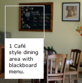 Incorrect example of KYB_A4i on mouse over. A pop-up over the focused link reads "1 Cafe style dining area with blackboard menu".